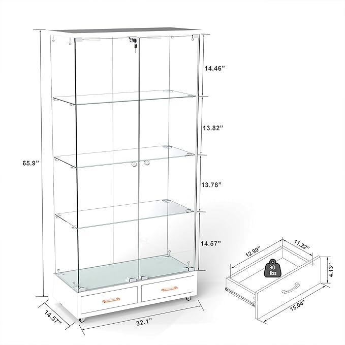 Yoluckea 4 Tier Glass Display Cabinet with LED Lighting and 2 Drawers, 2 Doors Floor Standing Curio Cabinet with Wheel for Home, Office, Corner Display, White Glass Bookshelf for Collections and Decor - Image 2