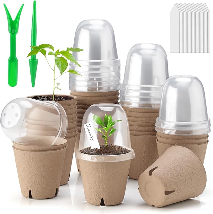 36 Set 3.15 Inch Peat Pots Plant Starters for Seedling with Humidity Dome,Herb Seed Starter Pots Kits, Garden Germination Nursery Pot wit 36 Plant Labels, 2 Transplant Tools. by Baxrou