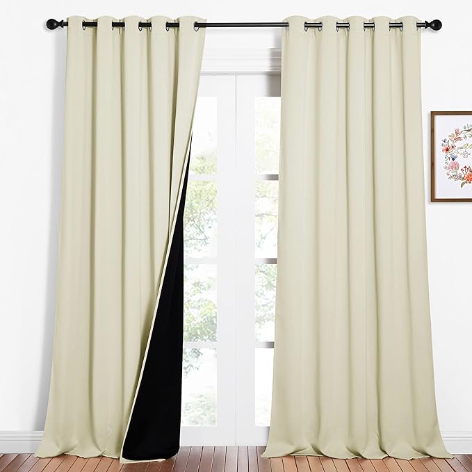 NICETOWN Living Room Completely Shaded Draperies, Privacy Protection & Noise Reducing Ring Top Drapes, Black Lined Insulated Window Treatment Curtain Panels (Beige, 2 Pieces, W62 x L95) by NICETOWN