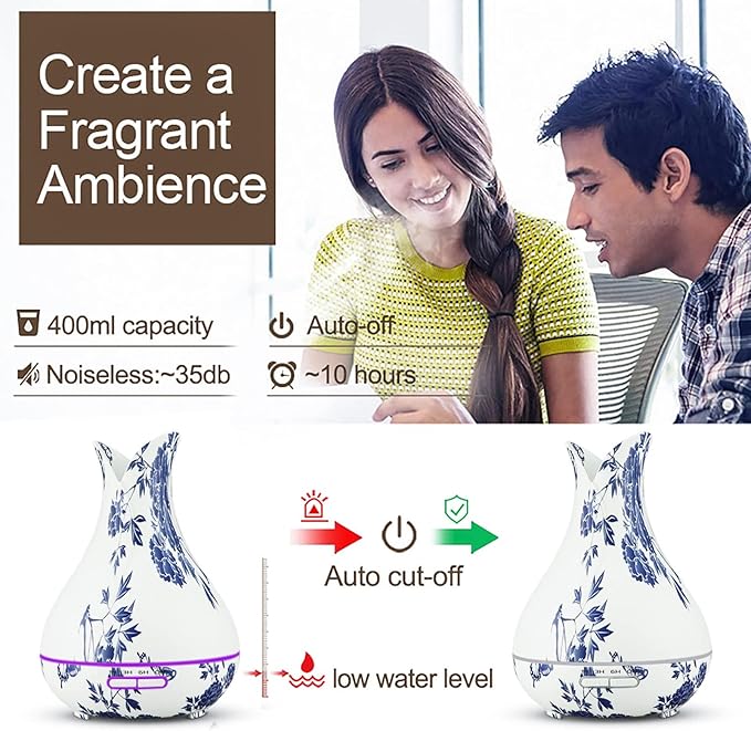 Oriental Blue-and-White Floral Pattern Grain Aroma Diffuser (400 ml) Ultrasonic Cool Mist Humidifier, U-MATE, Essential Oils Aromatherapy, 7 Colors LED Light, for Office Home Study Yoga Spa - Image 9