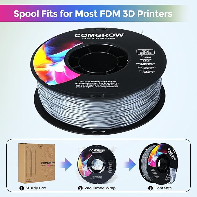 Comgrow TPU Filament 1.75, 3D Printing Filament, Flexible 3D Printer Filament, 95A Soft 3D Printing Filament fit Most 3D Printers Dimensional Accuracy +/- 0.02mm Filament TPU Grey 1kg (2.2lbs) - Image 5