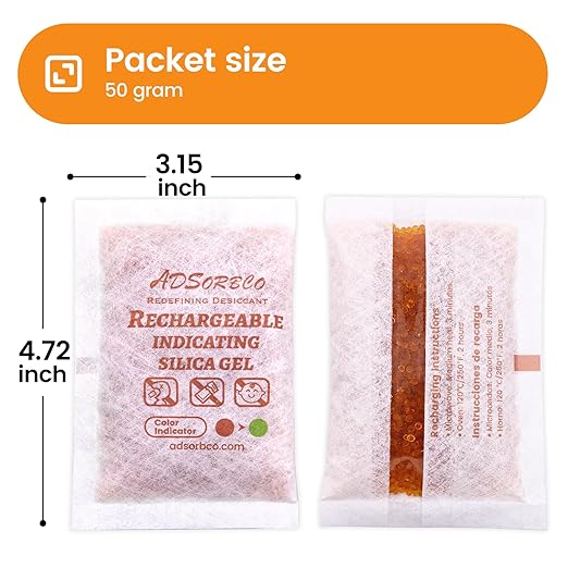 Adsorbco Rechargeable Desiccant, Indicating Silica Gel Packets, Moisture Absorbers for Storage, Gun Safe Dehumidifiers (5, 50g) - Image 2
