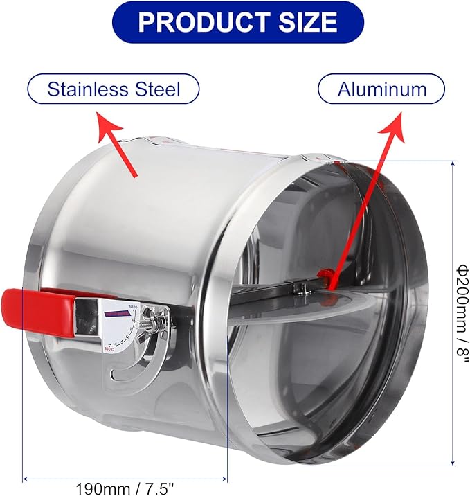 PATIKIL HVAC Duct Manual Volume Backdraft Damper, 8 Inch, Airflow Ducting Branch Vent Damper Air Control Valve, Adjustment Handle Stainless Steel, for HVAC - Image 2