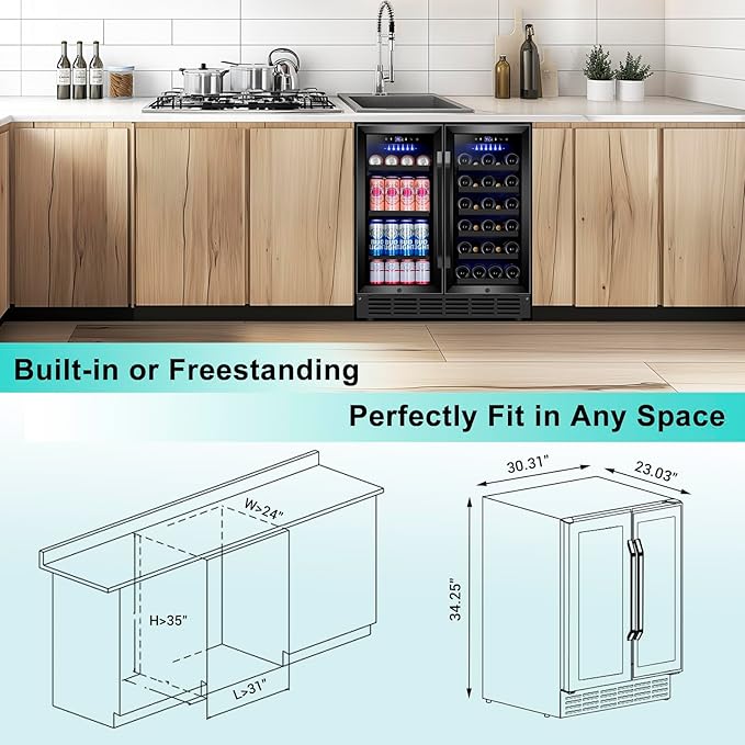 30 Inch Wine and Beverage Refrigerator, Upgrade Dual Zone Wine Cooler, 30'' Wine beverage Fridge Built in or Freestanding Under Counter Large Capacity Glass Door Advanced Cooling System,Black - Image 6
