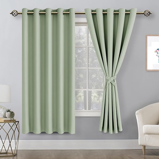 Hiasan Grommet Blackout Curtains for Bedroom, 60 x 72 Inches - Thermal Insulated & Light Blocking Window Drapes for Living Room/Dorm Room, Set of 2 Panels Sewn with Tiebacks, Seafoam Green - Image 2