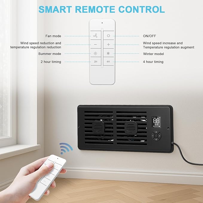 Register Booster Fan for 4" x 10" Vents Only, 10 Speeds to Control Cool & Warm Airflow, Air Conditioning Vents with LED Screen Remote & Thermostat Control, for Room Walls & Floors (Black) - Image 4