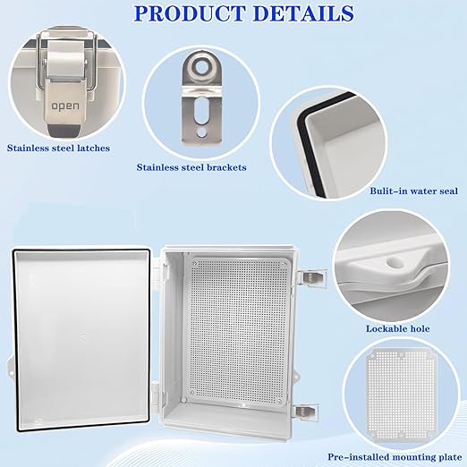 Waterproof Electrical Box, IP67 Junction Box Stainless Steel Latch Hinged Grey Cover Project Enclosure with Wall Bracket 14.6" x 10.6" x 5.9" - Image 3