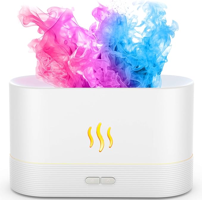 Air Humidifier, Essential Oil Diffuser with Led Flame Light - 7 Colors, 180mL Capacity (8 Hours), Noiseless Operation, Auto-Off Protection - Perfect for Home Bedroom Office Gifts(White) by PIZAY