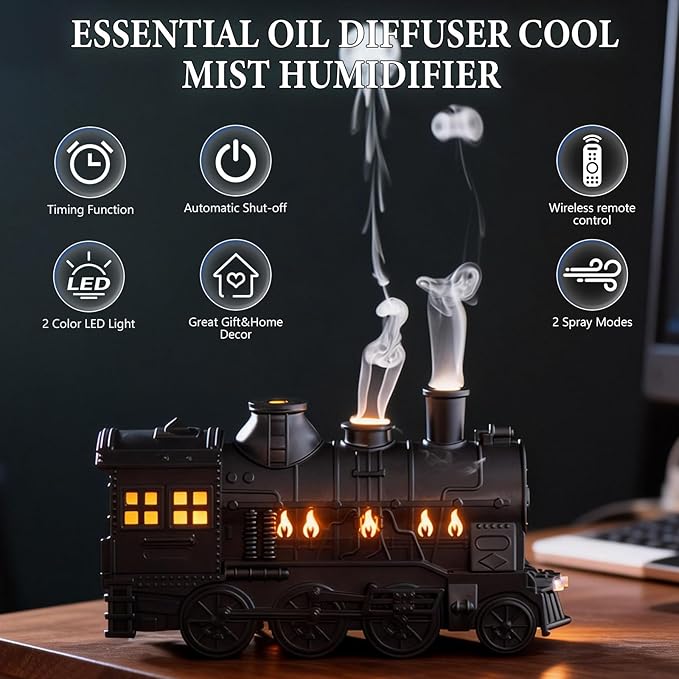 Train Diffuser 300ML Essential Oil Diffuser Cool Mist Humidifier Aroma Diffuser,2 Color Light 2 Mist Modes,3-in-1 Vintage Steam Train Diffuser Humidifier with Remote Control,Home Decor & Gift (Black) - Image 7