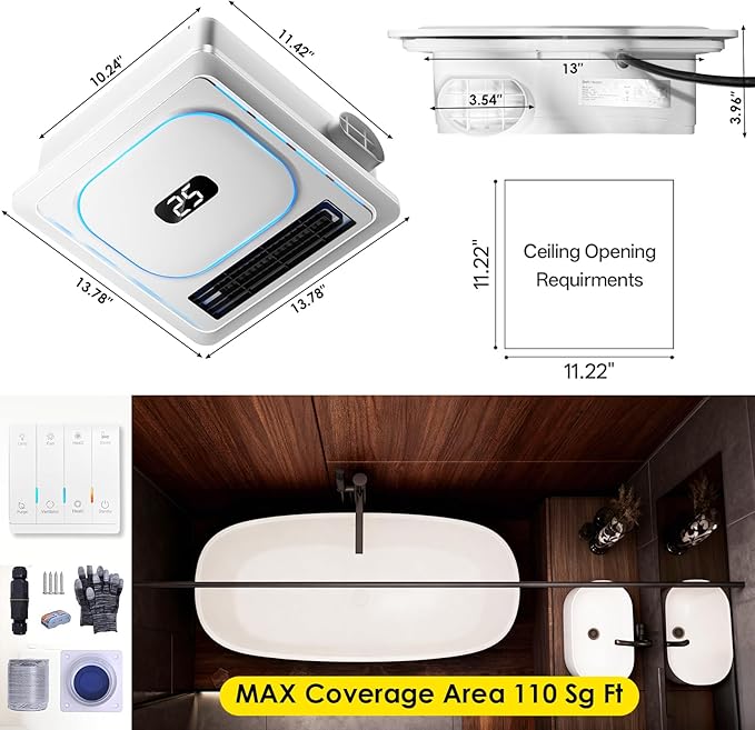 BSEED Bathroom Exhaust Fan with Bluetooth Speaker & Heater, 1800W Dual-Heat, 230 CFM, 3CCT+5-Color RGB Light, Negative Ion, Wall Control - Image 9