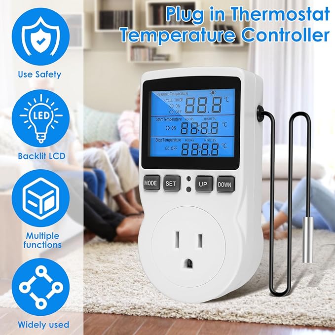 Digital Temperature Controller, 1800W 15A/120V Safe Thermostat Timer Outlet, LCD Display, Heating Cooling Control Timer Outlet Socket, Plug in Temp Controller for Fermenter, Greenhouse - Image 3