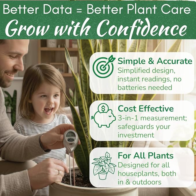 Houseplant Health Meter – 3-in-1 Tool to Prevent Overwatering, Root Rot & Leaf Burn | Test Soil Moisture, Sunlight & pH | Simple, Easy, Battery-Free | Suitable for Indoor, Outdoor & Potted Plants - Image 4