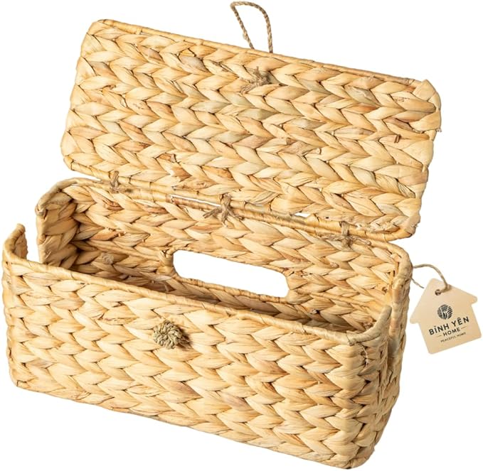 Wicker Cable Management Box with Lid, A Handwoven Water Hyacinth Cords Hider Box for TV, Computer, Router, USB Hub to Hide Cords & Power Strip for Desk, Floor, Office, 16x6.9x6.9” by BINHYENHOME