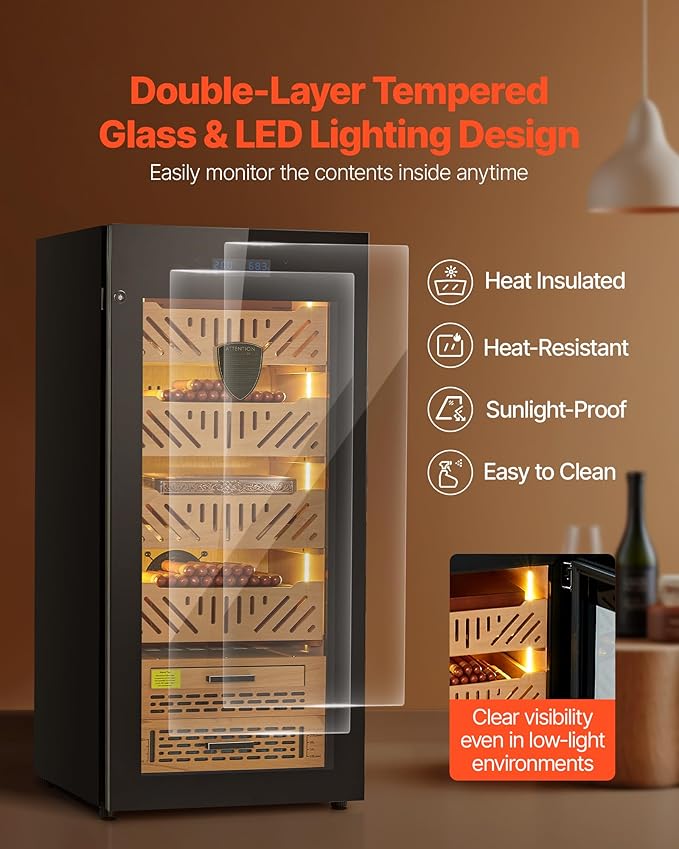 VEVOR Electric Humidor, 88L Cigar Humidor, 1000 Counts Electric Cigar Humidor with Compressor Cooling, Constant Humidity & Temperature Control, Spanish Cedar Wood Shelves & Drawers, for Household - Image 6