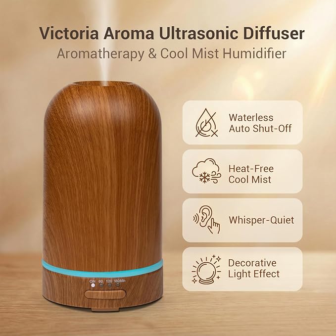 Ultrasonic Essential Oil Diffuser 100ML - Cool Mist Humidifier, 7-Color LED Lights, 3 Timer & Auto Shut-Off, Ideal Gift for Home Bedroom Office (Wood Brown) - Image 6