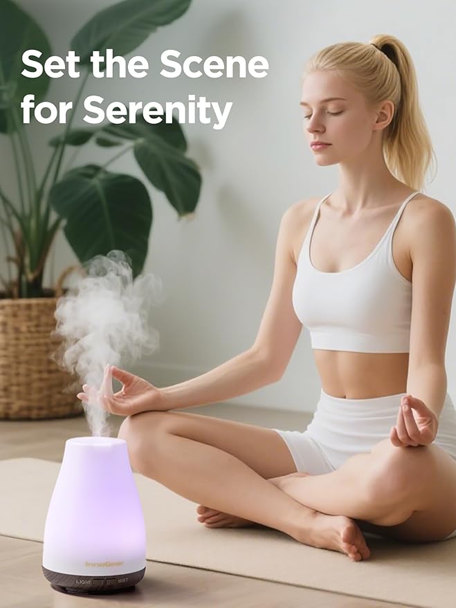 InnoGear Essential Oil Diffuser, Ultrasonic Diffusers for Home Aromatherapy Humidifier for Bedroom Room 7 Colors LED 2 Mist Mode Auto Off, Brown Base - Image 7