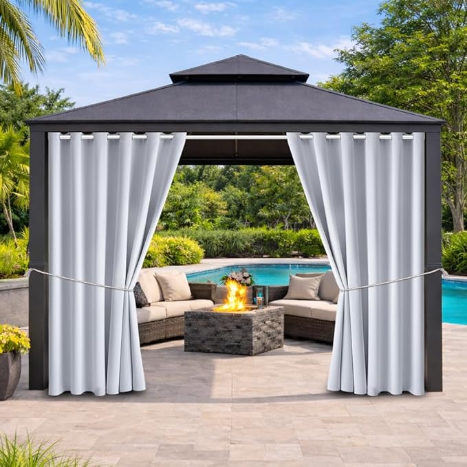 Water Proof Outside Curtains with Grommet Top for Porch, W84 x L84 Thermal Insulated Washable Light Block Outdoor Divider Drapes for Patio Gazebo Deck Pool Area Pergola Cabana (2 Panels) by DivaenCamino