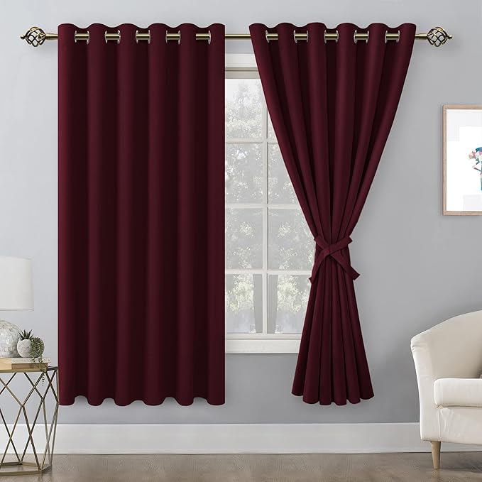 Hiasan Grommet Blackout Curtains for Bedroom, 70 x 63 Inches - Thermal Insulated & Light Blocking Window Drapes for Living Room/Dorm Room Christmas Decor, Set of 2 Panels Sewn with Tiebacks, Burgundy - Image 2