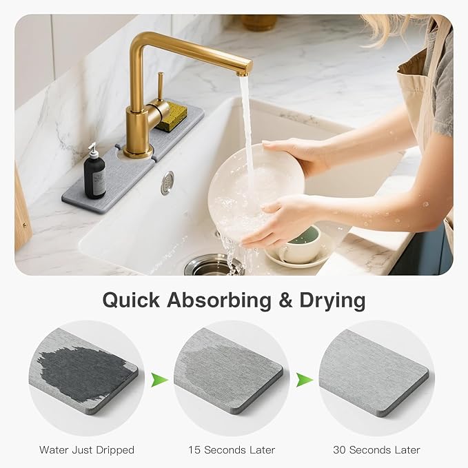 15.8" x 4" Stone Faucet Mat for Kitchen Sink, Quick Drying Diatomite Sink Tray, Faucet Sink Splash Guard for Prevents Moisture Buildup (Light Gray) - Image 4