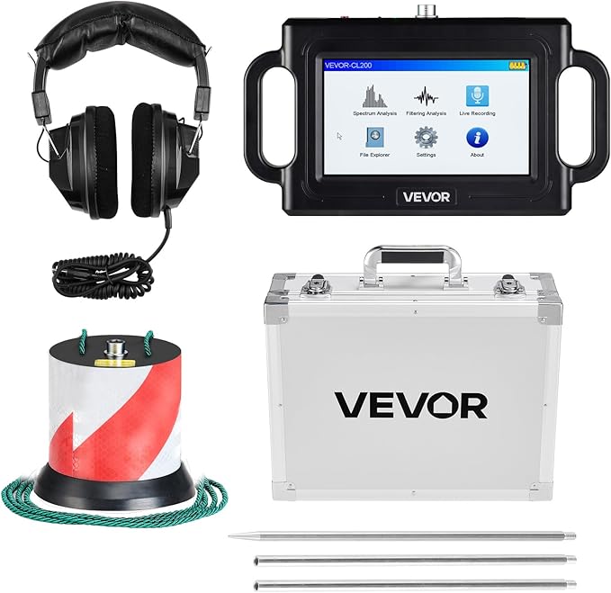 VEVOR Pipe Water Leak Detector, 1Hz-5000Hz, 7" Touchscreen Pipeline Leakage Detection Locator for 6.6FT (2m) Underground Plumbing – with Sensor, 3 Listening Rods, Headphones, 8GB Card & Carry Case by VEVOR