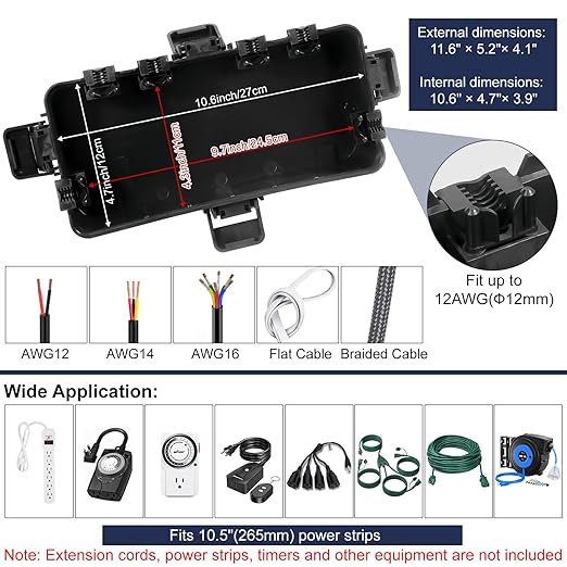 Medium Outdoor Electrical Box (11.6x5.2x4.1 inch), IP54 Waterproof Extension Cord Cover w/ 6 Cable Entry, Weatherproof Connection Box for Power Strip, Plug, Timer, Holiday Lights, Black - Image 5