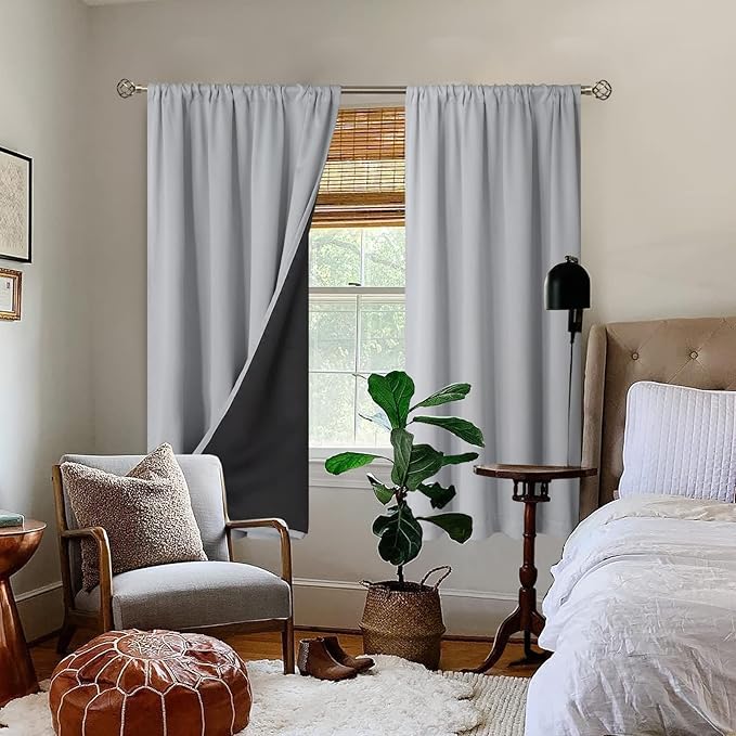 BGment Thermal Insulated 100% Blackout Curtains for Bedroom with Black Liner, Double Layer Full Room Darkening Noise Reducing Rod Pocket Curtain (52 x 63 Inch, Light Grey, 2 Panels) - Image 2
