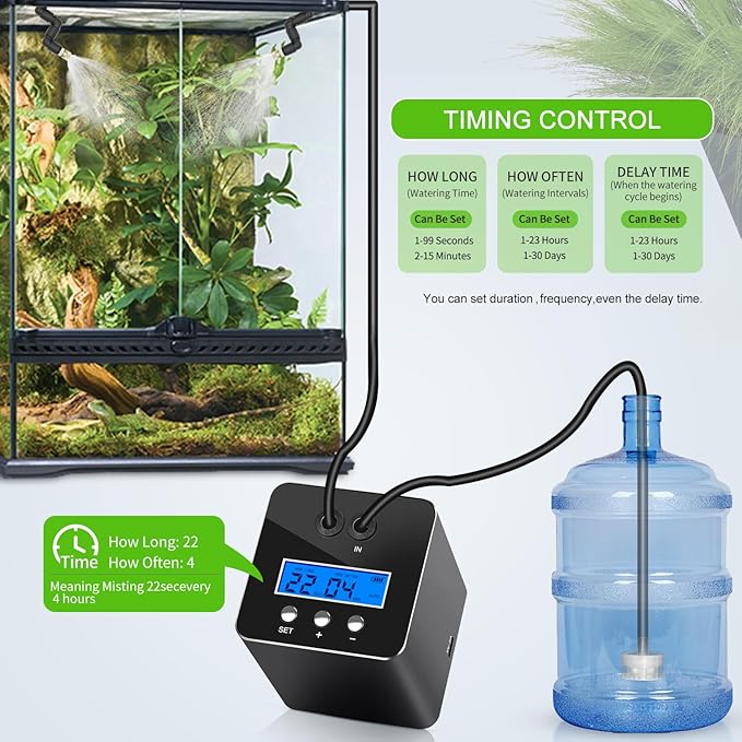 reptile humidifier, LCD with timing function, time length and interval can be set, reptile mister system with 2 spray nozzles, misting system for reptiles of amphibians, tanks, Paludarium - Image 3
