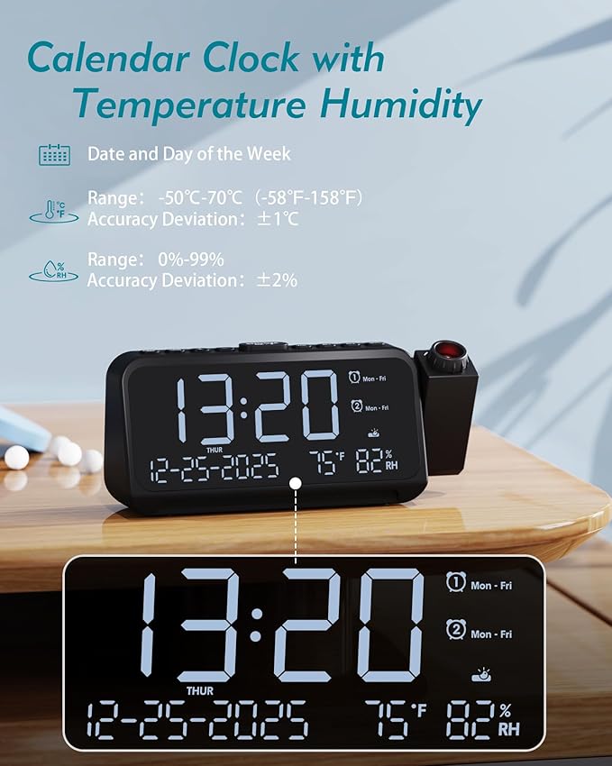 Roxicosly Projection Alarm Clock for Bedroom Ceiling, 118 dB Super Loud for Heavy Sleepers, Dual Alarm with Weekday/Weekend, Adjustable Volume, 6.7" Large Digital Dimmable Display, Easy to Read - Image 3