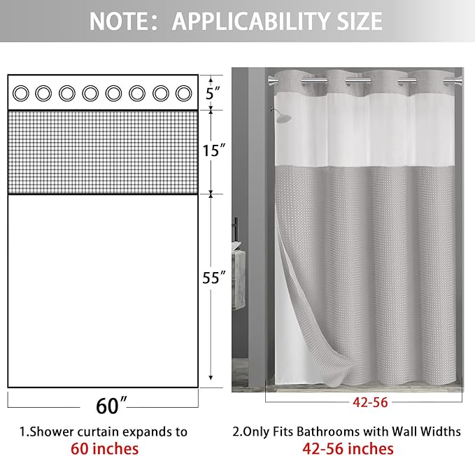 No Hook Shower Curtain and Liner Set,Light Grey Hotel Waffle Shower Curtain with Liner 75" L x 60" W - Image 6