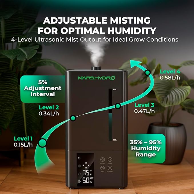 MARS HYDRO 2026 New Plant Humidifier 6L,with Adjustable Humidity,Timer Function,Ultrasonic Precise and Silent Operation,No-Leak Seal for Grow Tent,Indoor Planting,Greenhouse - Image 5