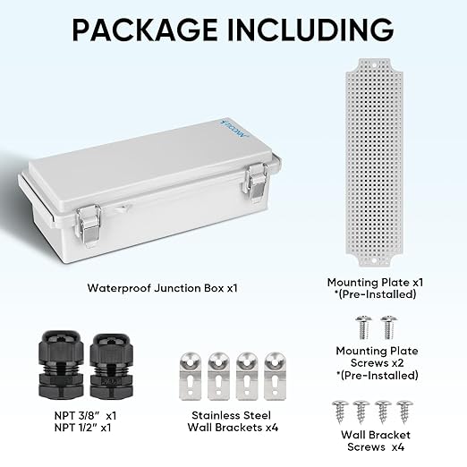 TICONN Outdoor Electrical Box Waterproof, Junction Box IP67 ABS Plastic Enclosure with Hinged Cover with Mounting Plate, Wall Brackets, Cable Glands (Off-White, 10.2"x4.3"x3.0") - Image 6
