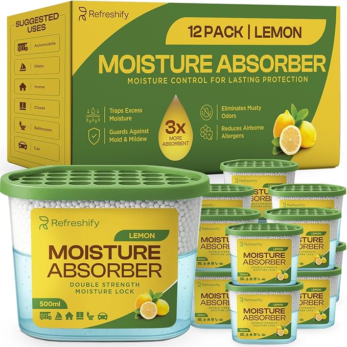 Premium Moisture Absorbers and Dehumidifier Tubs – High-Efficiency Closet Dehumidifier and Dehumidifier for Car, Odor Control Lemon Scent, 12 Pack, 7.5 Oz by AllSettHealth
