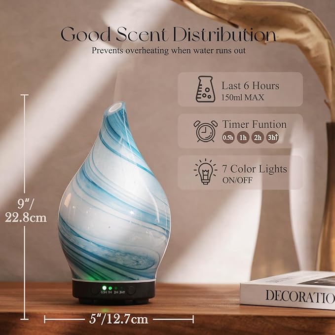 Porseme 150ml Essential Oil Diffuser Glass Color Changing Aroma Air Diffusers Aromatherapy Ultrasonic Cool Mist Humidifier 6 Running Hours Waterless Auto-Off for Sleeping Yoga Office Spa (Blue Ink) - Image 3