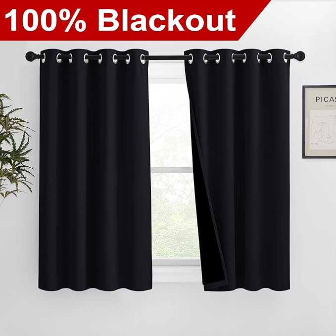 NICETOWN Extra Long Truly Blackout Drapes for Hall and Villa, 46-inch Width Each Panel, 45-inch Length, Black, 2 Pieces, 100% Blackout Window Curtain Panels with Black Lined for Night Shift Worker - Image 2