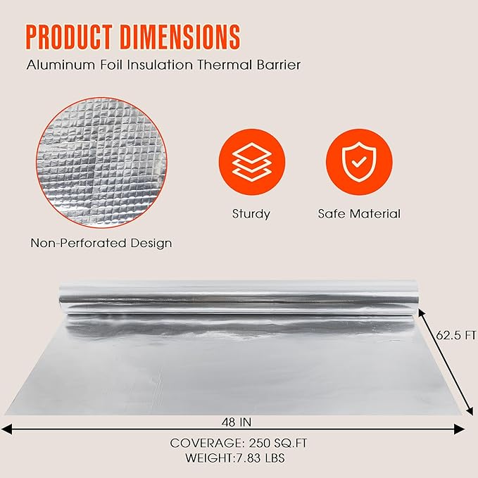 Sauna Foil Vapor Barrier, 250 sqft Aluminum Insulation Roll Heavy-Duty Non-Perforated Reflective Thermal Barrier for Energy Efficient Sauna, Attic, Garage and Crawl Space (4FT x 62.5FT) - Image 2