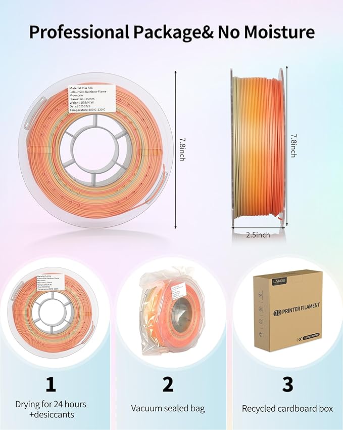 LANDU Silk PLA 3D Printer Filament Multicolor Rainbow PLA Filament 1.75mm Gradient Color Changing Filament 1kg (2.2lbs) Dimensional Accuracy +/- 0.02 mm Silk Rainbow Filament - Image 6