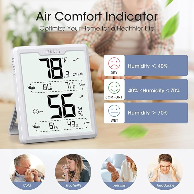 DOQAUS Digital Hygrometer Room Thermometer Indoor, Humidity Meter with Large LCD Display, Temperature Humidity Monitor with Max Min Records, White - Image 4