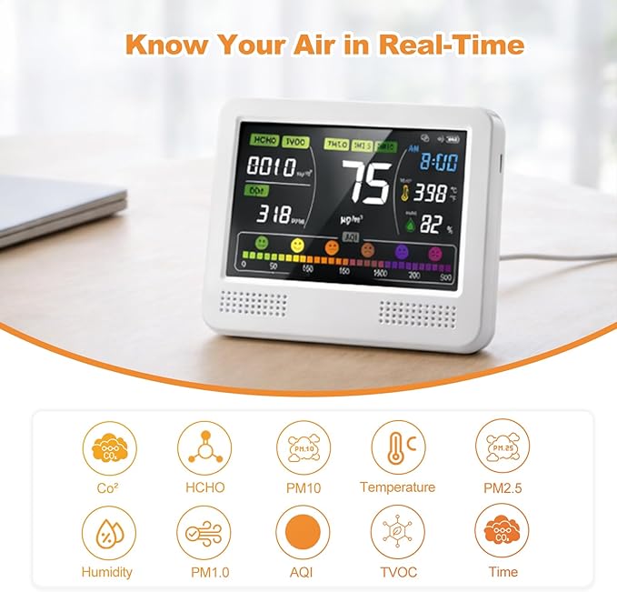 16-in-1 Indoor Air Quality Monitor and Detector with 7AQI Beep Alarm, CO2 Monitor, PM1.0, PM2.5, PM10, Temperature, Humidity, Formaldehyde, VOC Tester - Image 2