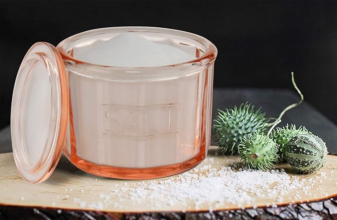HOME-X Depression Style Pink Glass Salt Cellar with Lid, Retro Kitchen Decor, Wedding Gift - 3 1/2" H x 4" D - Image 3