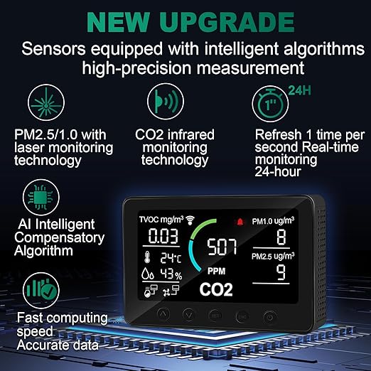 12 in 1 Air Quality Monitor Indoor, with WiFi and APP,Air Quality Tester for Home,Air Quality Meters for CO2,TVOC,PM1.0,PM2.5,AQI,Temperature and Humidity,Detector for Home,Office (Black) - Image 6