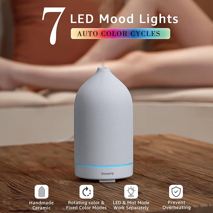 200ML Ceramic Essential Oil Diffuser - Ultrasonic Aromatherapy & Humidifier with 7-Color LED Lights, Auto Shut-Off, White, 1H/3H/6H Timer | Scent for Home,Office,Yoga - Image 2
