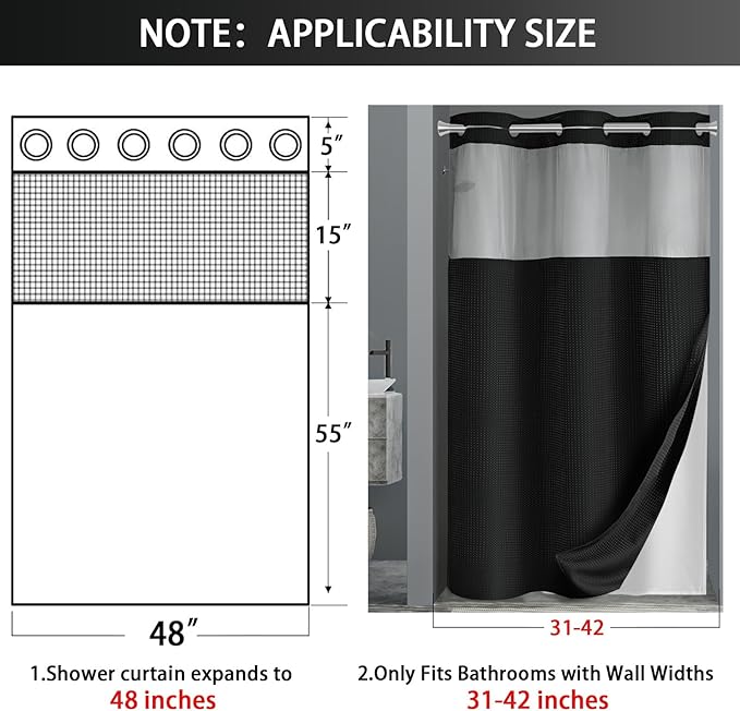 No Hook Shower Curtain and Liner Set,Black Hotel Waffle Shower Curtain with Liner 75" L x 48" W - Image 6