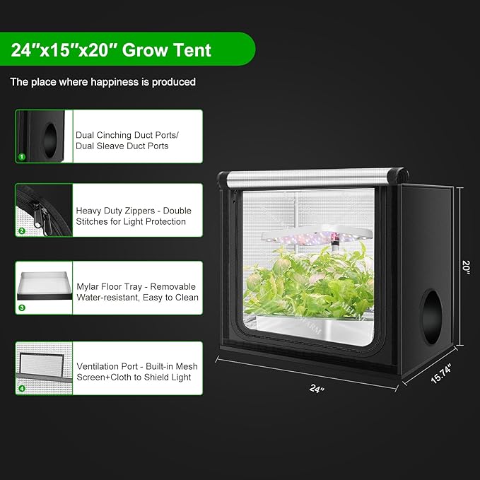 MELONFARM 24"x16"x20" Grow Tent, Double Transparent Viewing Door Indoor Grow Tent, Growing Tent with High Reflective Mylar & Floor Tray, Plant Tent for Indoor Hydroponics Growing - Image 5