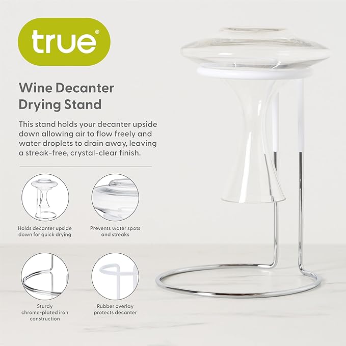 True Wine Decanter Drying Stand and Holder, Essential Accessory Glassware Rack for a Spot-Free Finish, Rubber Coating Protects Glass, Chrome Plated Iron - Image 2