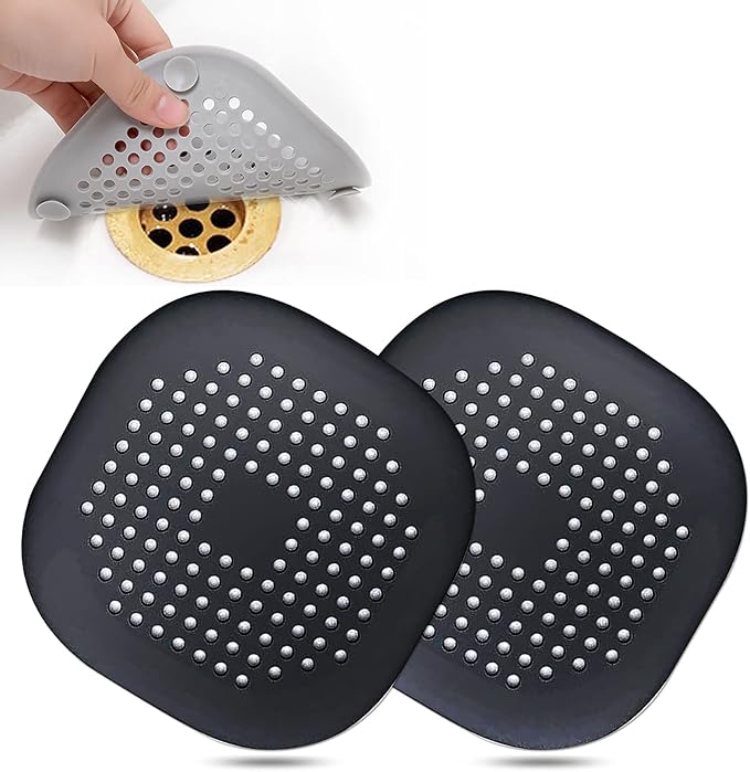 Hair Drain Catcher,Square Drain Cover for Shower Silicone Hair Stopper with Suction Cup,Easy to Install Suit for Bathroom,Bathtub,Kitchen 2 Pack (Black) by Bovinde