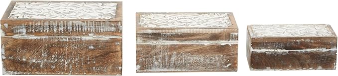 Deco 79 Wood Floral Handmade Decorative Box Decorative Keepsake Boxes with Hinged Lid, Set of 3 Storage Boxes 12", 11", 9"W, Brown - Image 3