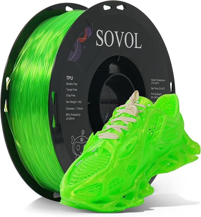 Sovol TPU Filament 1.75mm, 95A Soft TPU Flexible 3D Printer Filament with High Elasticity, 1kg (2.2lbs), Dimensional Accuracy +/- 0.03 mm, Fit Most FDM Printer, Clear Green by Sovol