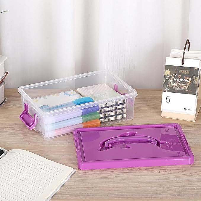 BTSKY 1-Pack Clear Plastic Storage Box with Lid, Stackable Organizer Featuring Easy-Lift Dolphin Design, Multi-Use Portable Container for Home, Craft, Office, Space-Saving with Secure-Clasp, Purple - Image 2