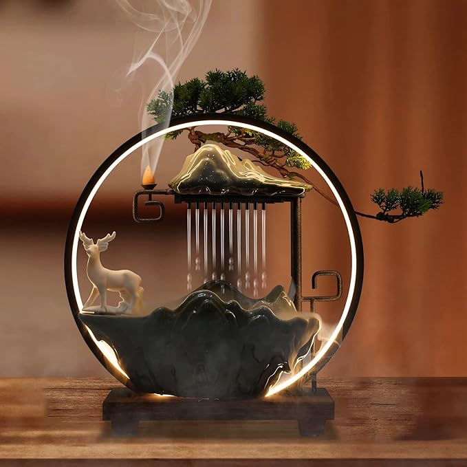 15In Water Fountains Indoor Tabletop Waterfall Humidifier with LED Light and Atomizer Mist, Japanese Zen Decor Meditation Fake Plants Bonsai Feng Shui Decor Festival Birthday surprise Good Luck Wealth - Image 9