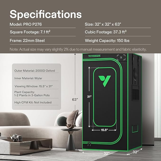 VIVOSUN P276 2.7x2.7 PRO Grow Tent, Indoor Plant Grow Tent Greenhouse with 2000D Mylar Fabric, 1" Poles, Extra Hanging Bars, 32"×32"×63", No High CFM Kit - Image 8